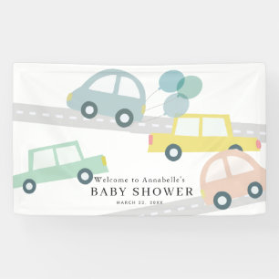Pastel Color Cars Balloons White Boy Baby Dusche Banner