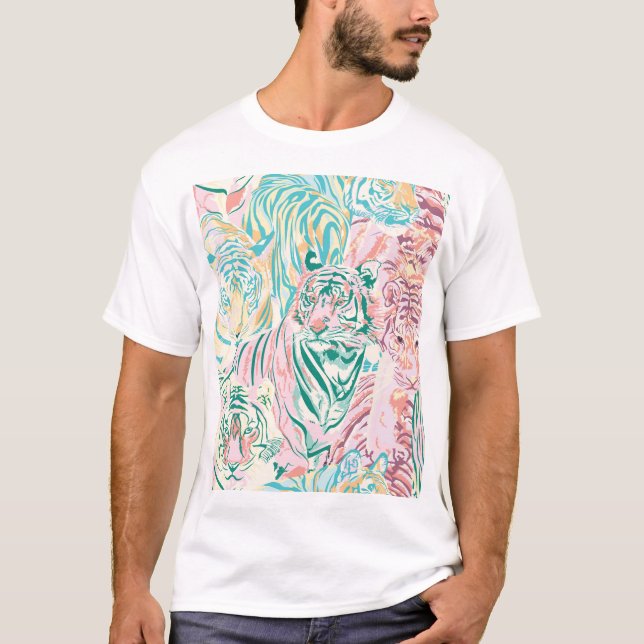 Pastel Color Tiger Art Muster T-Shirt (Vorderseite)