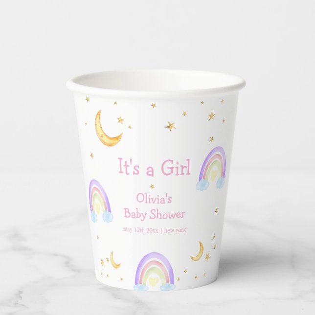 Pastel Colorful Rainbow Moon Star Baby Dusche Pappbecher (Vorderseite)