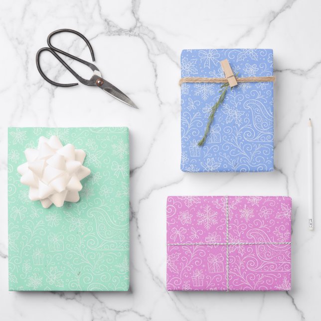 Pastel Colors Doodle Weihnachtsmuster Geschenkpapier Set (Vorderseite)