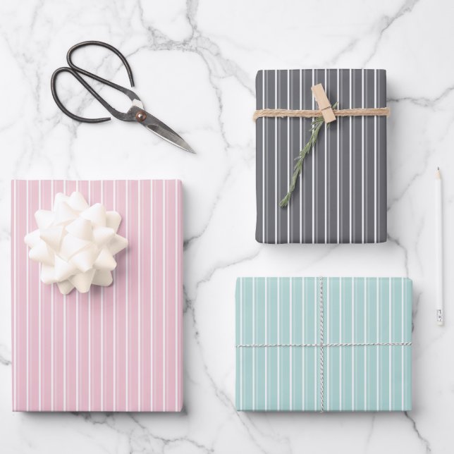 Pastel combination of Gray, Pink, Mint Stripes Geschenkpapier Set (Vorderseite)