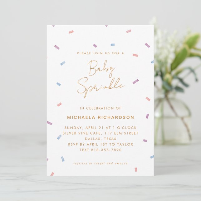 PASTEL CONFETTI BABY SPRINKLE MODERNES MINIMAL | EINLADUNG (Stehend Vorderseite)