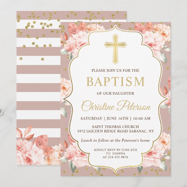 Pastel Coral Floral Gold Cross Girl Taufe Einladung (Vorne/Hinten)