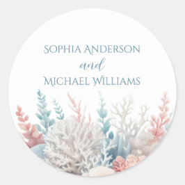 Pastel Coral Reef Beach Hochzeit- Hochzeitsticker Runder Aufkleber