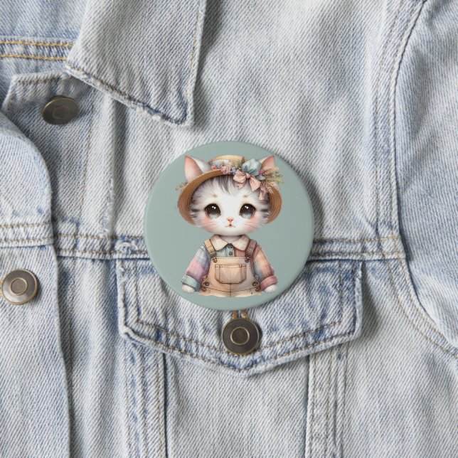 Pastel-Cotattecore-Katze in Overalls & Strohhut Button (Beispiel)