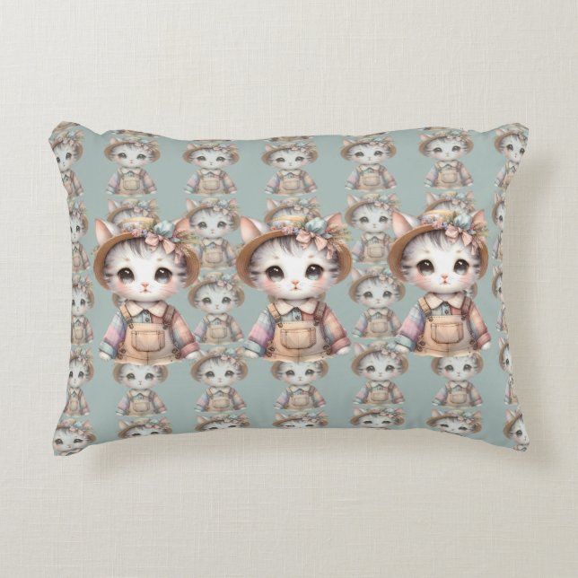 Pastel-Cotattecore-Katze in Overalls & Strohhut Dekokissen (Vorderseite)