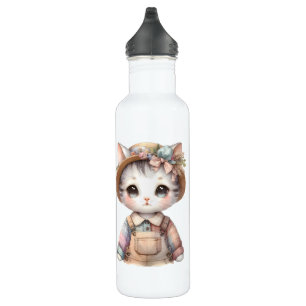 Pastel-Cotattecore-Katze in Overalls & Strohhut Edelstahlflasche