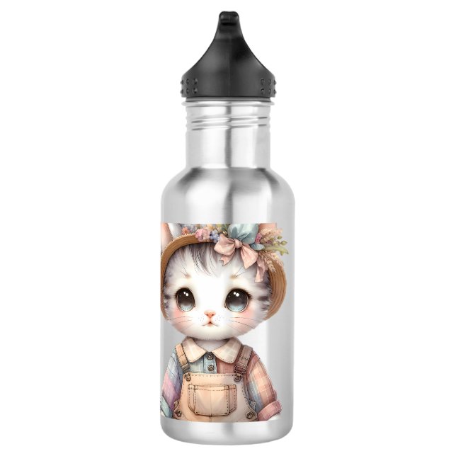 Pastel-Cotattecore-Katze in Overalls & Strohhut Edelstahlflasche (Rechts)