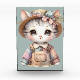 Pastel-Cotattecore-Katze in Overalls & Strohhut Fotoblock