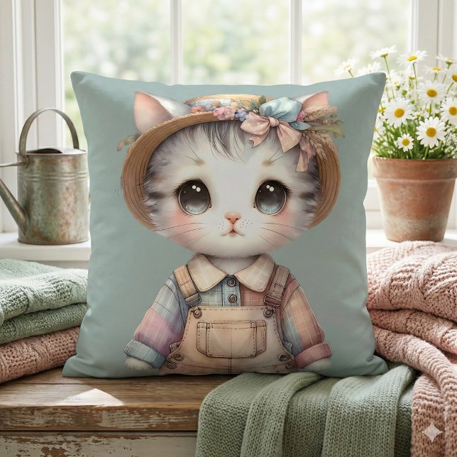 Pastel-Cotattecore-Katze in Overalls & Strohhut Kissen (Pastel Cottagecore Cat in Overalls & Straw Hat Throw Pillow. Mockup A)