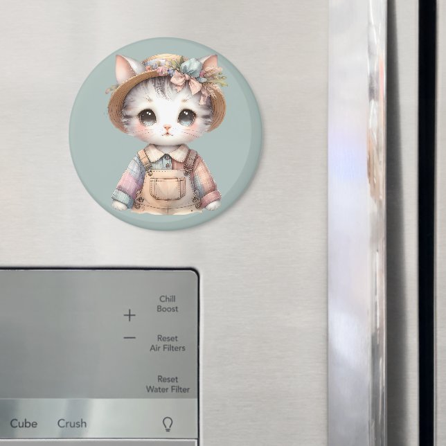 Pastel-Cotattecore-Katze in Overalls & Strohhut Magnet (In Situ (Kühlschrank))