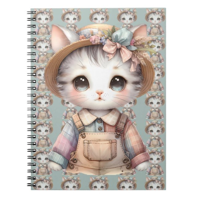 Pastel-Cotattecore-Katze in Overalls & Strohhut Notizblock (Vorderseite)