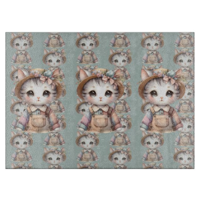 Pastel-Cotattecore-Katze in Overalls & Strohhut Schneidebrett (Vorderseite)