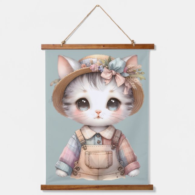 Pastel-Cotattecore-Katze in Overalls & Strohhut Wandteppich Mit Holzrahmen (Vorderseite)