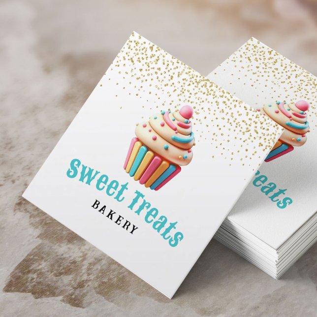 Pastel Cupcake Gold Confetti Bäckerei & Konditorei Quadratische Visitenkarte (Von Creator hochgeladen)