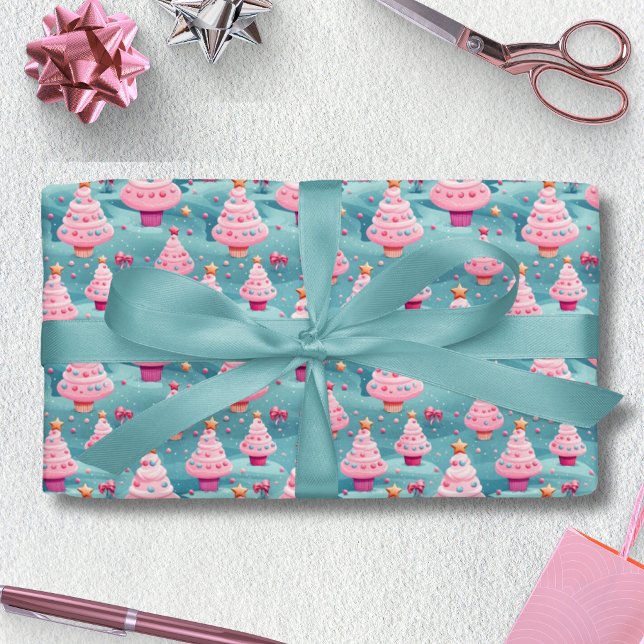Pastel Cupcake Weihnachtsbaumen Geschenkpapier (Pastel Cupcake Christmas Trees Wrapping Paper)