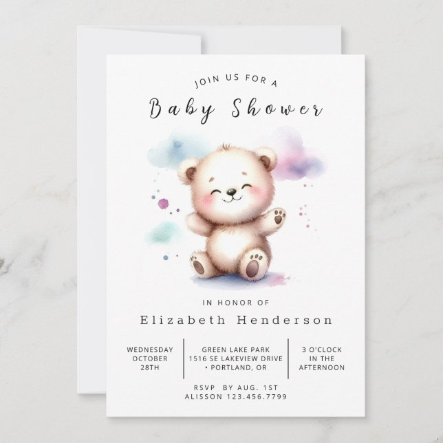 Pastel Custom Bear Baby Dusche Einladung (Vorderseite)