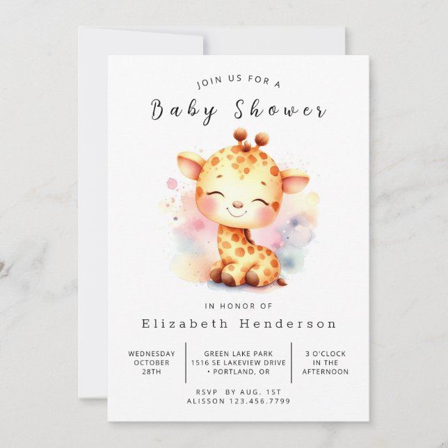 Pastel Custom Giraffe Baby Dusche Einladung (Vorderseite)