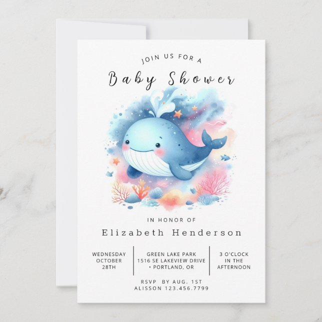 Pastel Custom Whale Baby Dusche Einladung (Vorderseite)