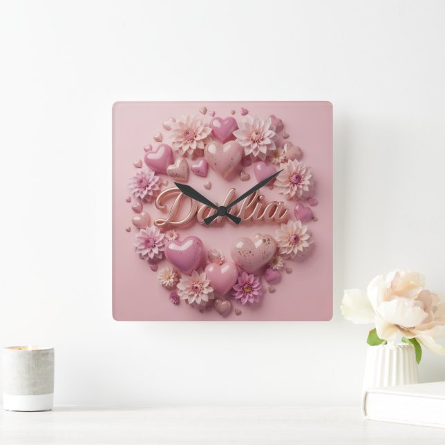 Pastel Dahlia Bloom Art with Hearts Quadratische Wanduhr (Zuhause)
