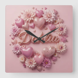Pastel Dahlia Bloom Art with Hearts Quadratische Wanduhr