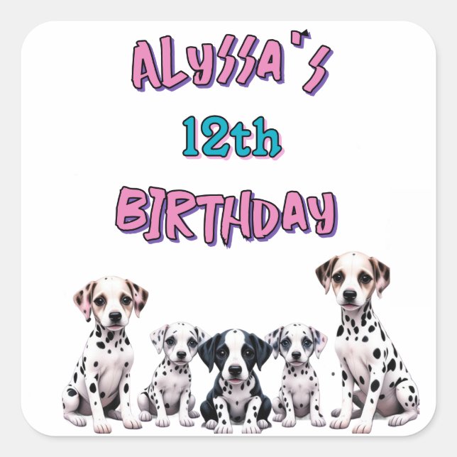 Pastel Dalmatian Dogs Birthday Party Quadratischer Aufkleber (Vorderseite)