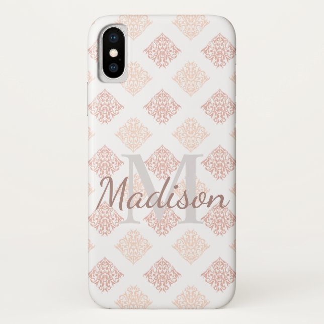 Pastel Damask Blush Pink Niedlicher Anfangsname Case-Mate iPhone Hülle (Rückseite)