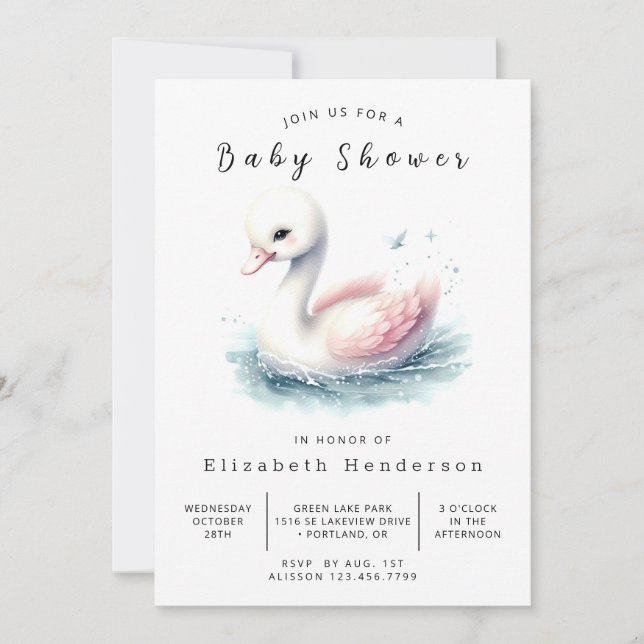 Pastel Digital Swan Babydusche Einladung (Vorderseite)