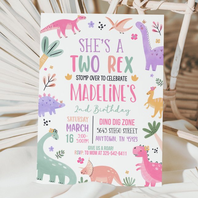 Pastel Dinosaur 2. Geburtstag Einladung Mädchen 2  (Von Creator hochgeladen)