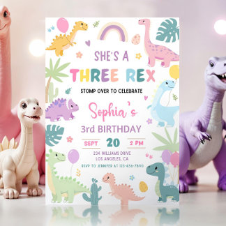 Pastel Dinosaur Birthday Dino Girl Drei Party Rex Einladung