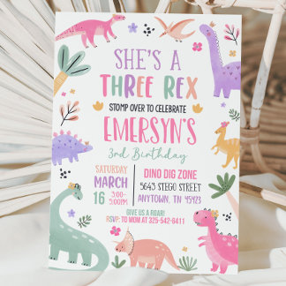 Pastel Dinosaur Birthday Einladung Girl Three Rex