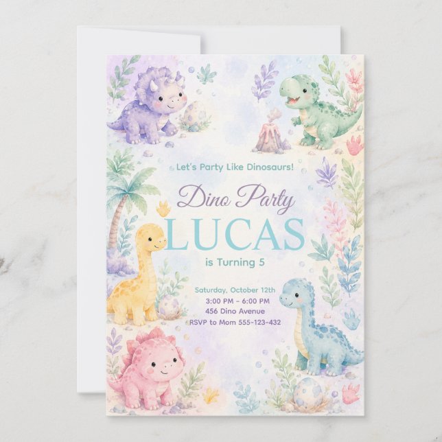 Pastel Dinosaur Birthday Invitation Editable Einladung (Vorderseite)