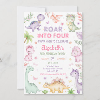 Pastel Dinosaur Roar Into Four Girl 4th Birthday Einladung