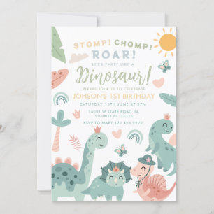 Pastel Dinosaur Stomp Chomp Roar 1. Geburtstag Einladung