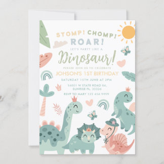 Pastel Dinosaur Stomp Chomp Roar 1. Geburtstag Einladung