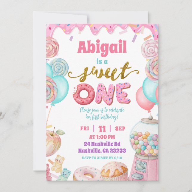 Pastel Donut SweetOne First Birthday party Invitat Einladung (Vorderseite)