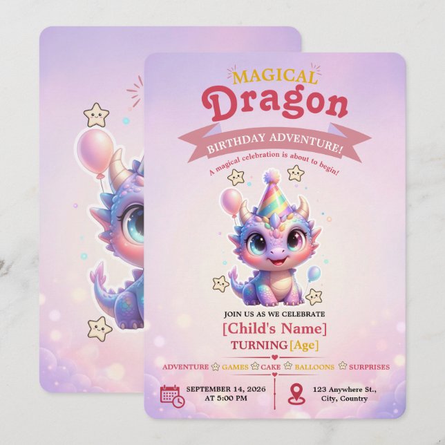 Pastel-Drache Geburtstags-Einladungs-Abenteuer (Vorne/Hinten)