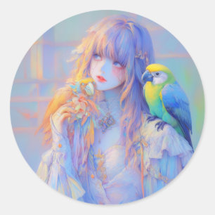 Pastel Dreamy Pet Parrot Pirate Anime Girl Runder Aufkleber