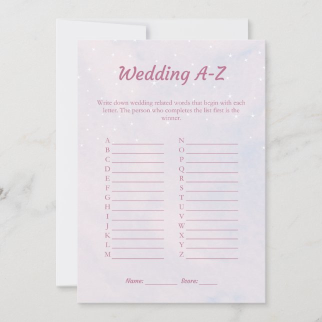 Pastel Dreamy Wedding A-Z Brautparty Game Card Einladung (Vorderseite)