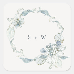 Pastel Dusky Blue Floral Wreath Wedgram Quadratischer Aufkleber