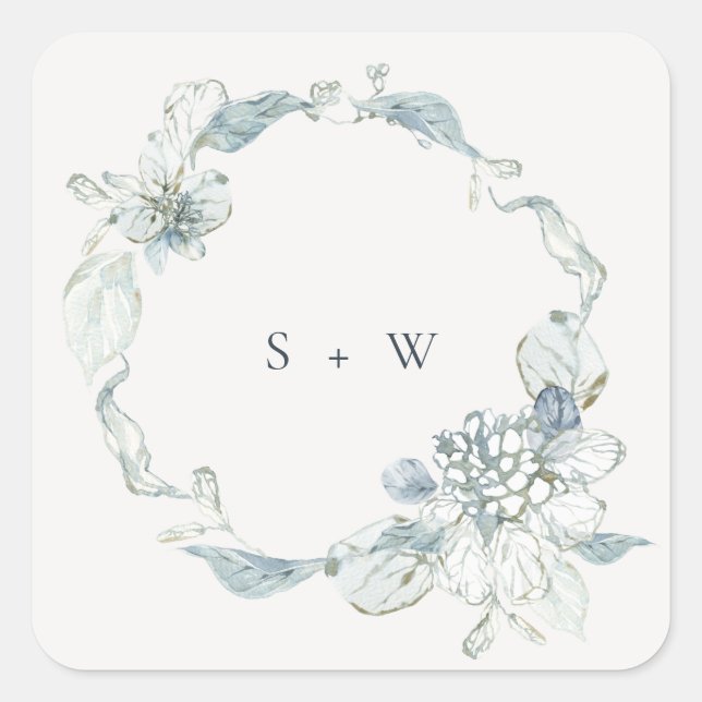 Pastel Dusky Blue Floral Wreath Wedgram Quadratischer Aufkleber (Vorderseite)
