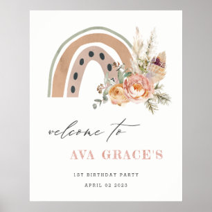 Pastel Dusky Boho Floral Rainbow Birthday Willkomm Poster