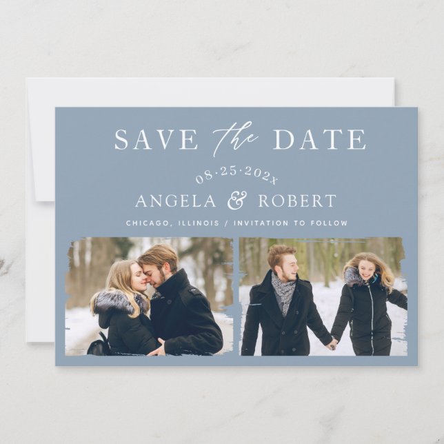 Pastel Dusty Blue Typografy Brush Stroke 2 Foto Save The Date (Vorderseite)