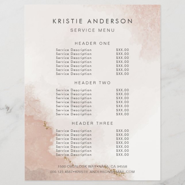 Pastel Dusty Pink & Gold Preise & Dienstleistungen Flyer (Vorne)