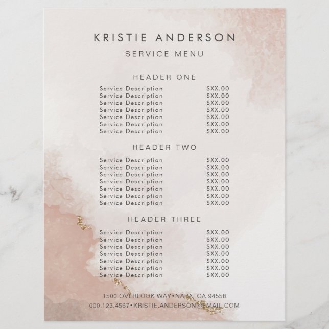 Pastel Dusty Pink & Gold Preise & Dienstleistungen Flyer (Vorne)