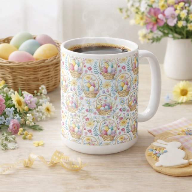 Pastel Easter Basket Pattern with Spring Florals Kaffeetasse (Von Creator hochgeladen)