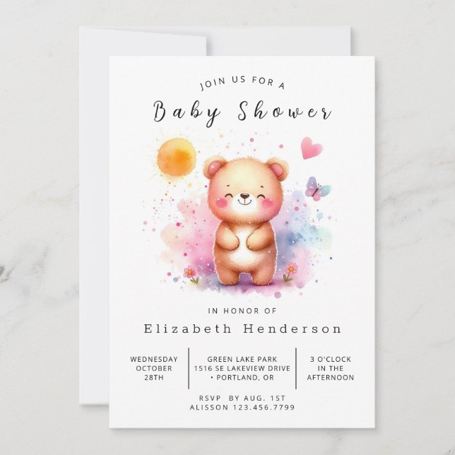 Pastel Editable Bear Baby Dusche Einladung (Vorderseite)