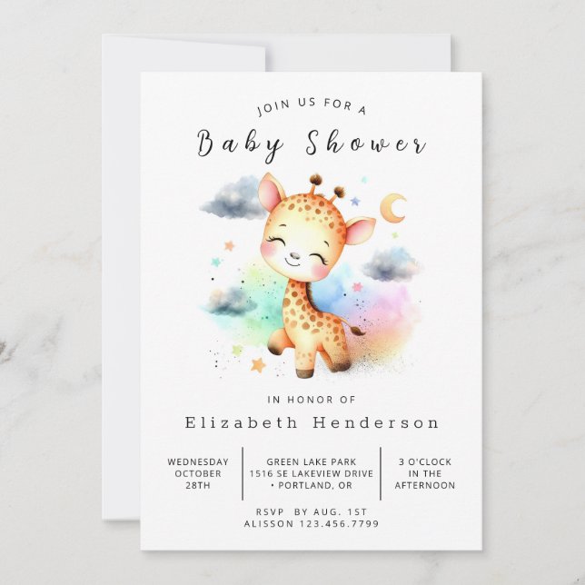 Pastel Editable Giraffe Babydusche Einladung (Vorderseite)