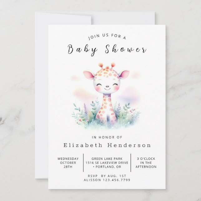 Pastel Editable Giraffe Babydusche Einladung (Vorderseite)