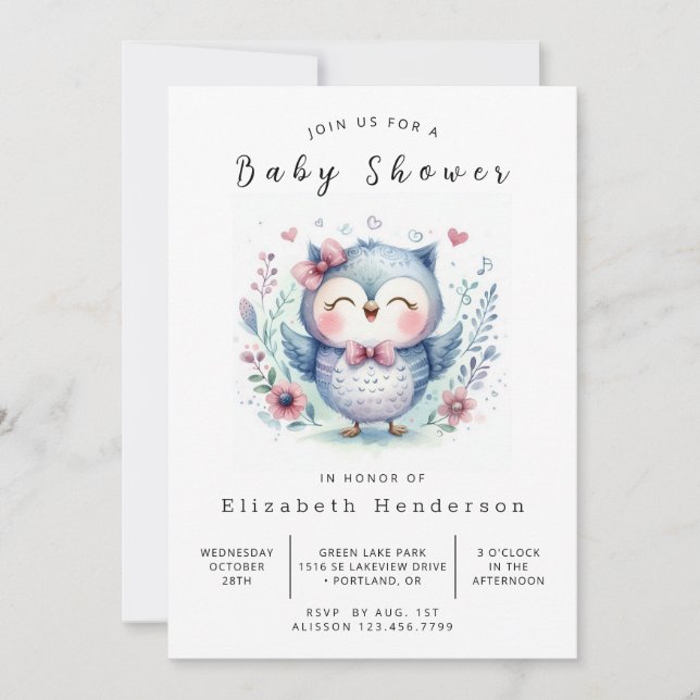 Pastel Editable Owl Babydusche Einladung (Vorderseite)